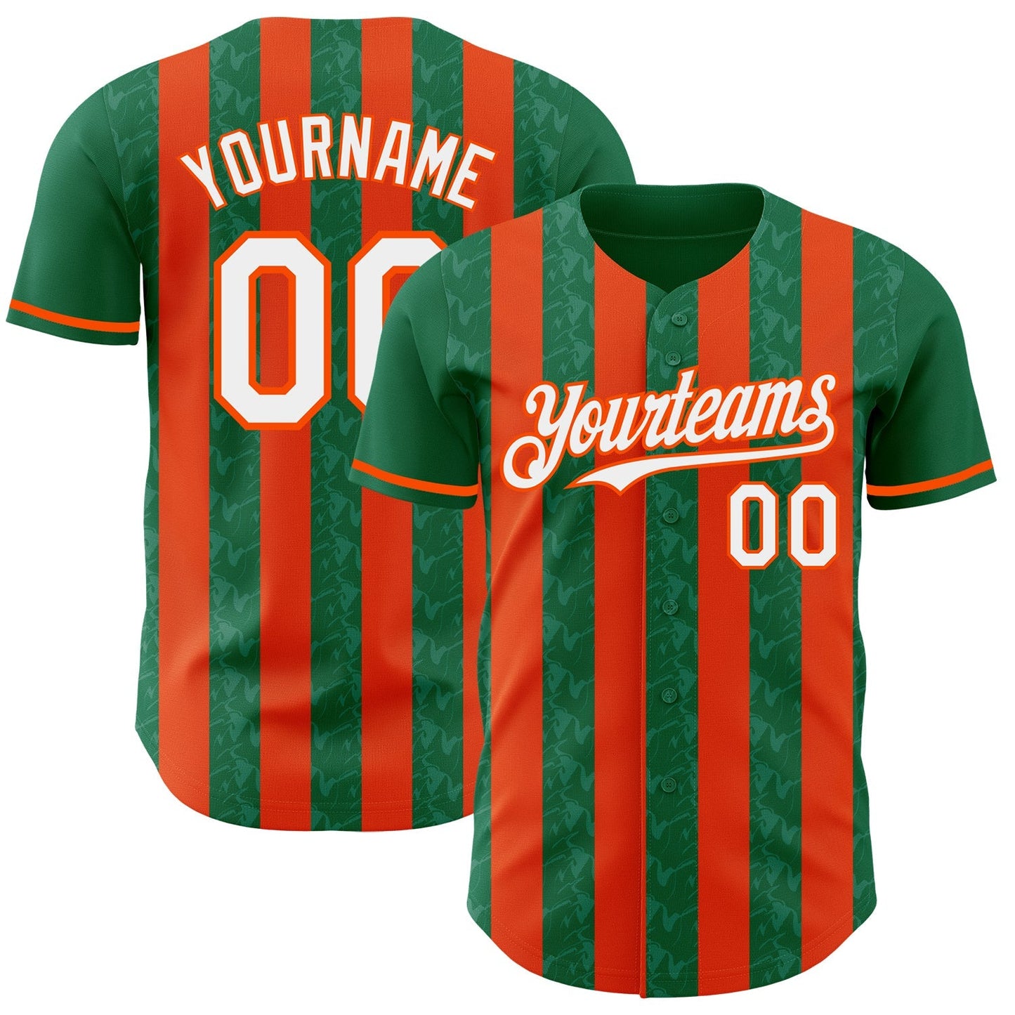 Custom Kelly Green White-Orange Classic Vertical Stripe Fluid Liquid Texture Authentic Baseball Jersey baseball jersey product view 1
