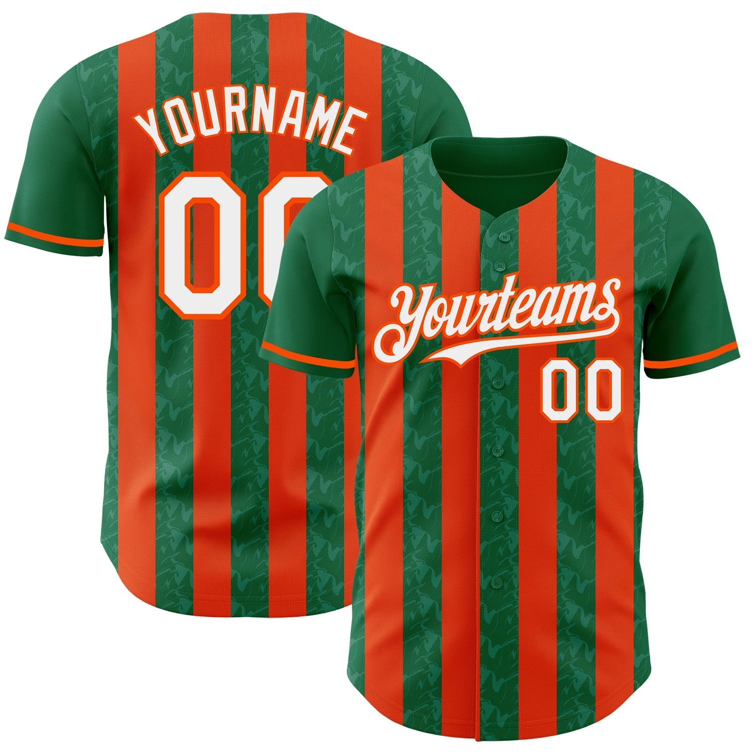 Custom Kelly Green White-Orange Classic Vertical Stripe Fluid Liquid Texture Authentic Baseball Jersey baseball jersey product view 1