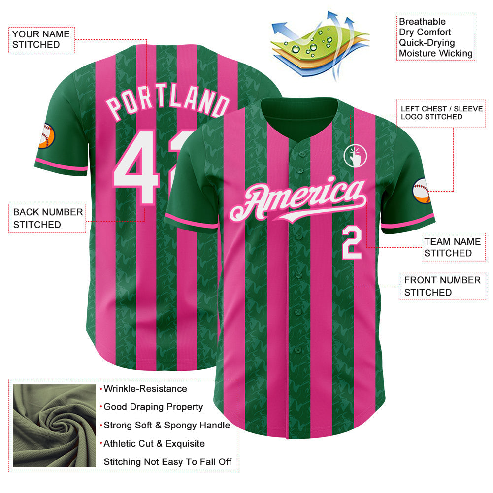 Custom Kelly Green White-Pink Classic Vertical Stripe Fluid Liquid Texture Authentic Baseball Jersey baseball jersey product view 3