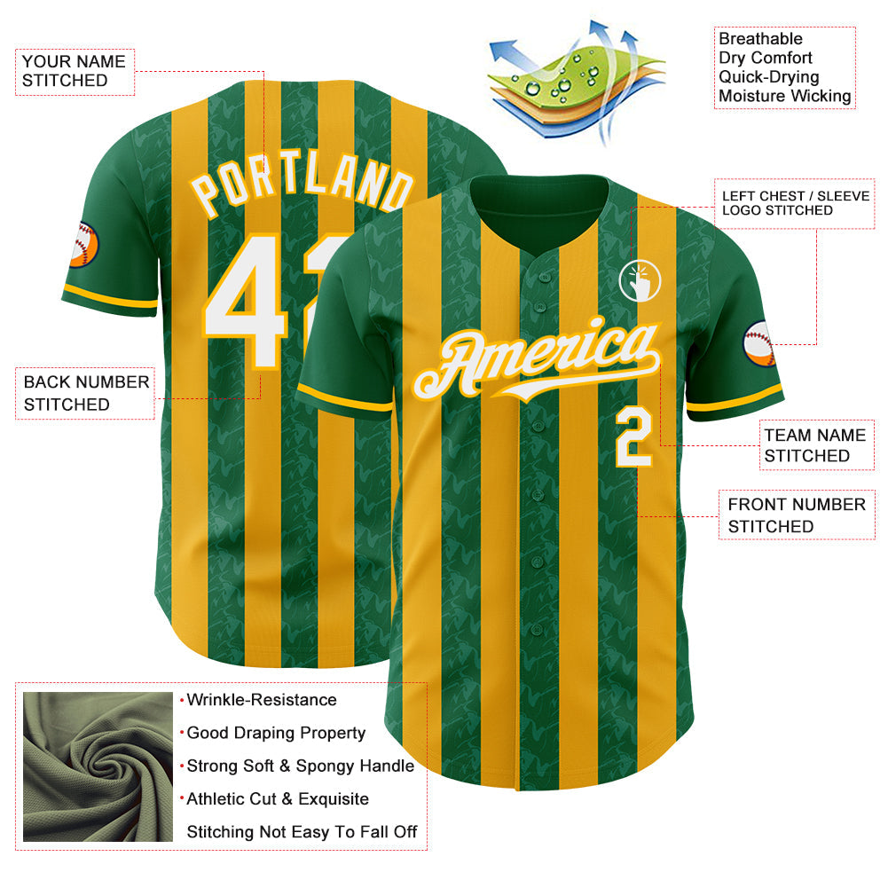 Custom Kelly Green White-Gold Classic Vertical Stripe Fluid Liquid Texture Authentic Baseball Jersey baseball jersey product view 3