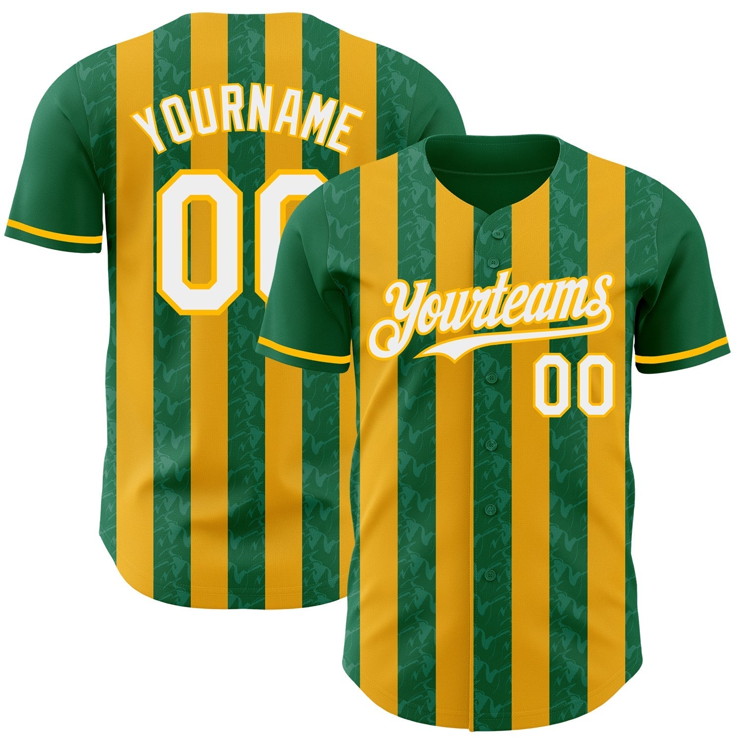 Custom Kelly Green White-Gold Classic Vertical Stripe Fluid Liquid Texture Authentic Baseball Jersey baseball jersey product view 1