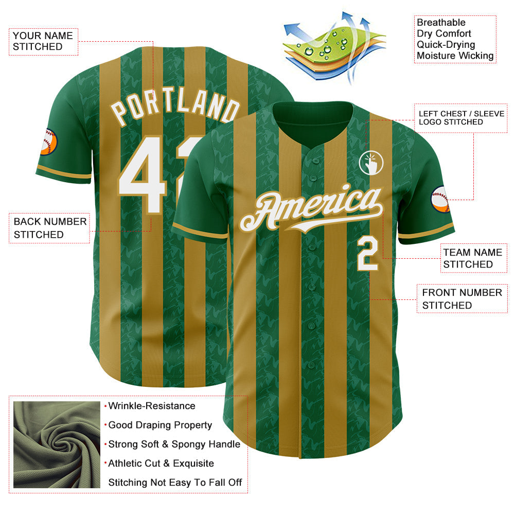 Custom Kelly Green White-Old Gold Classic Vertical Stripe Fluid Liquid Texture Authentic Baseball Jersey baseball jersey product view 3