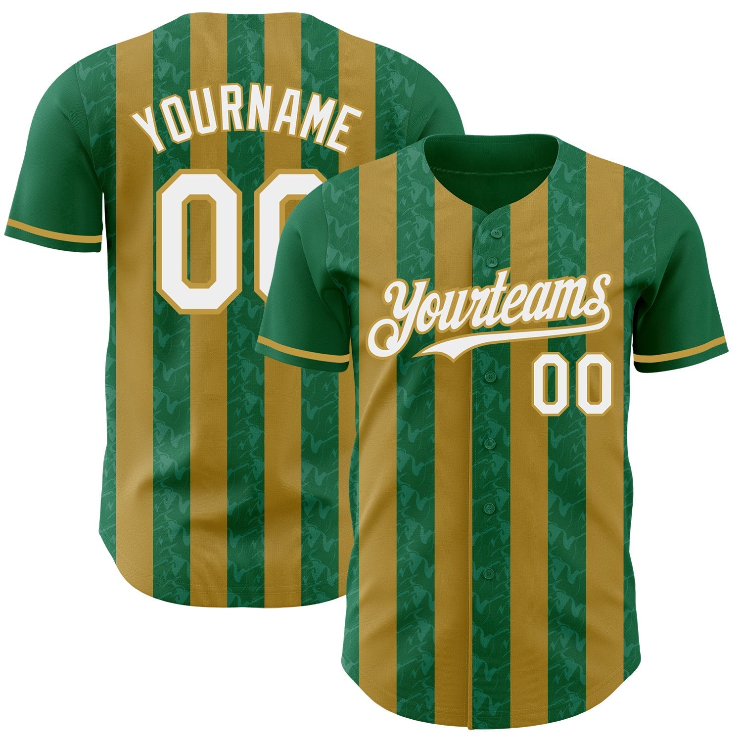 Custom Kelly Green White-Old Gold Classic Vertical Stripe Fluid Liquid Texture Authentic Baseball Jersey baseball jersey product view 1