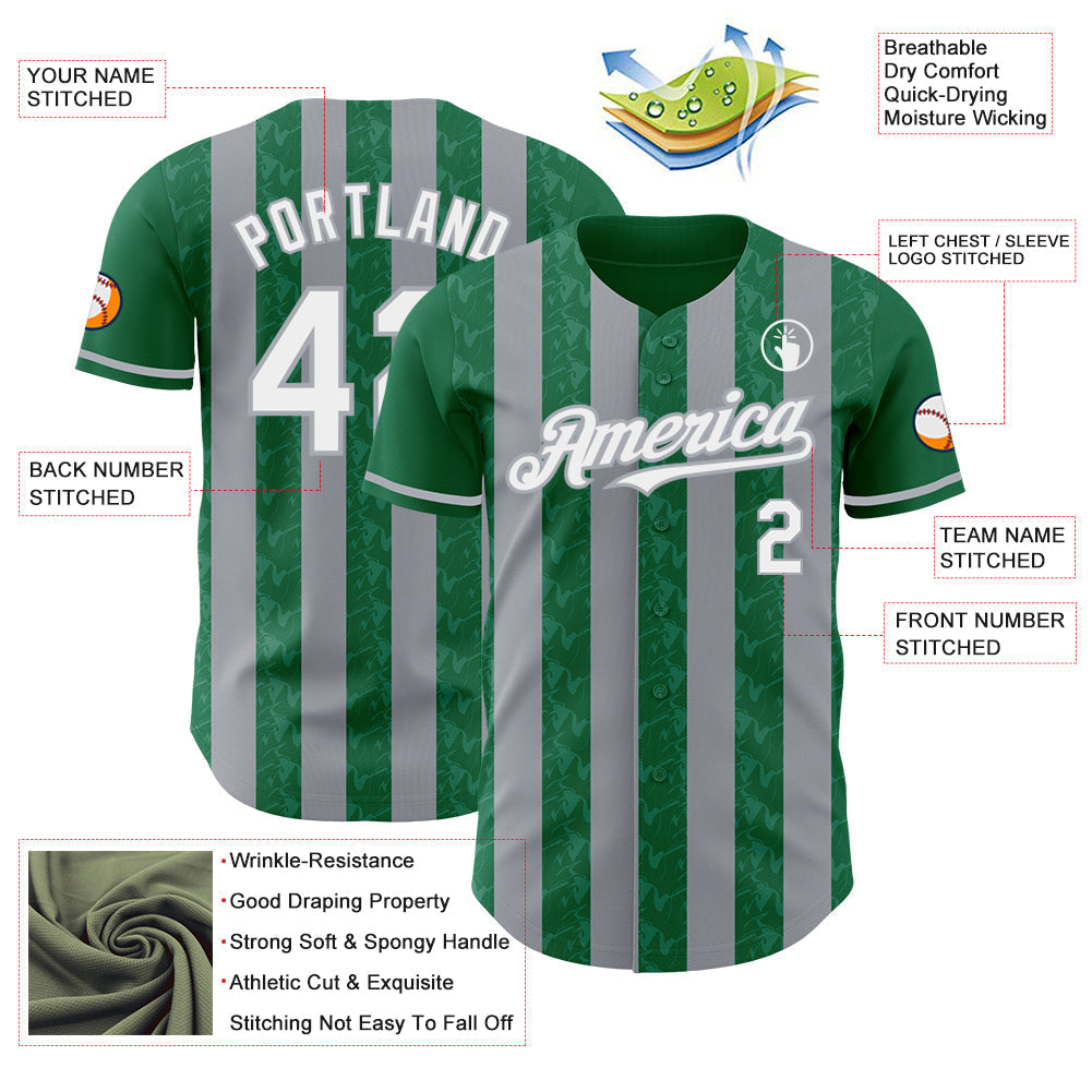 Custom Kelly Green White-Gray Classic Vertical Stripe Fluid Liquid Texture Authentic Baseball Jersey baseball jersey product view 3