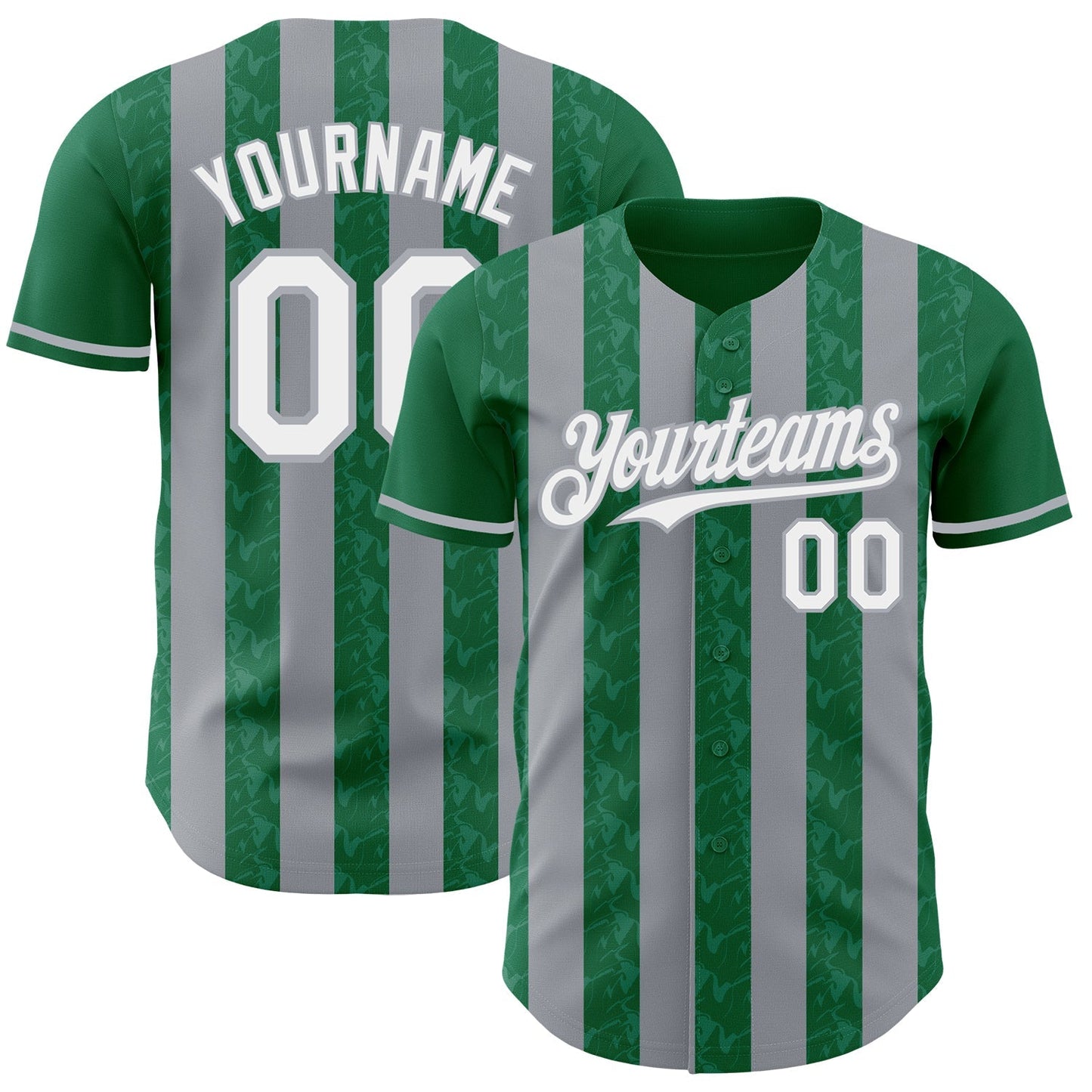 Custom Kelly Green White-Gray Classic Vertical Stripe Fluid Liquid Texture Authentic Baseball Jersey baseball jersey product view 1