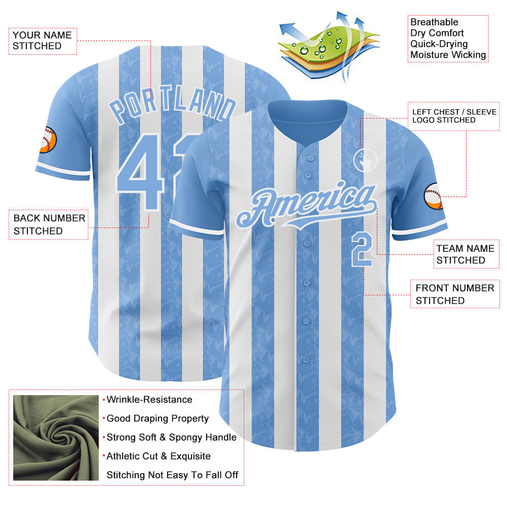 Custom Light Blue-White Classic Vertical Stripe Fluid Liquid Texture Authentic Baseball Jersey baseball jersey product view 3