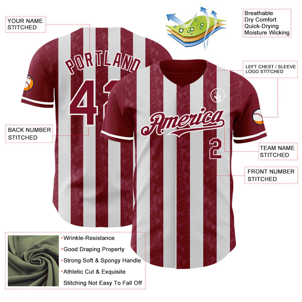 Custom Crimson-White Classic Vertical Stripe Fluid Liquid Texture Authentic Baseball Jersey baseball jersey product view 3