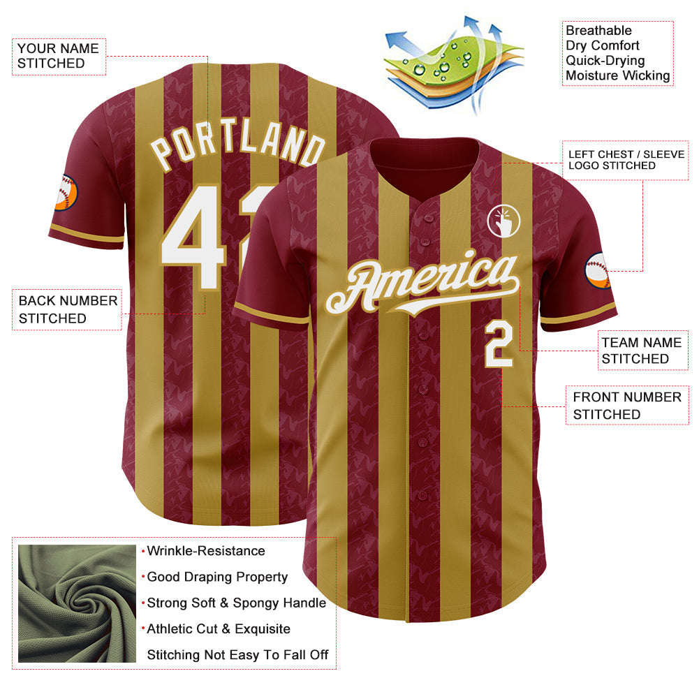 Custom Crimson White-Old Gold Classic Vertical Stripe Fluid Liquid Texture Authentic Baseball Jersey baseball jersey product view 3