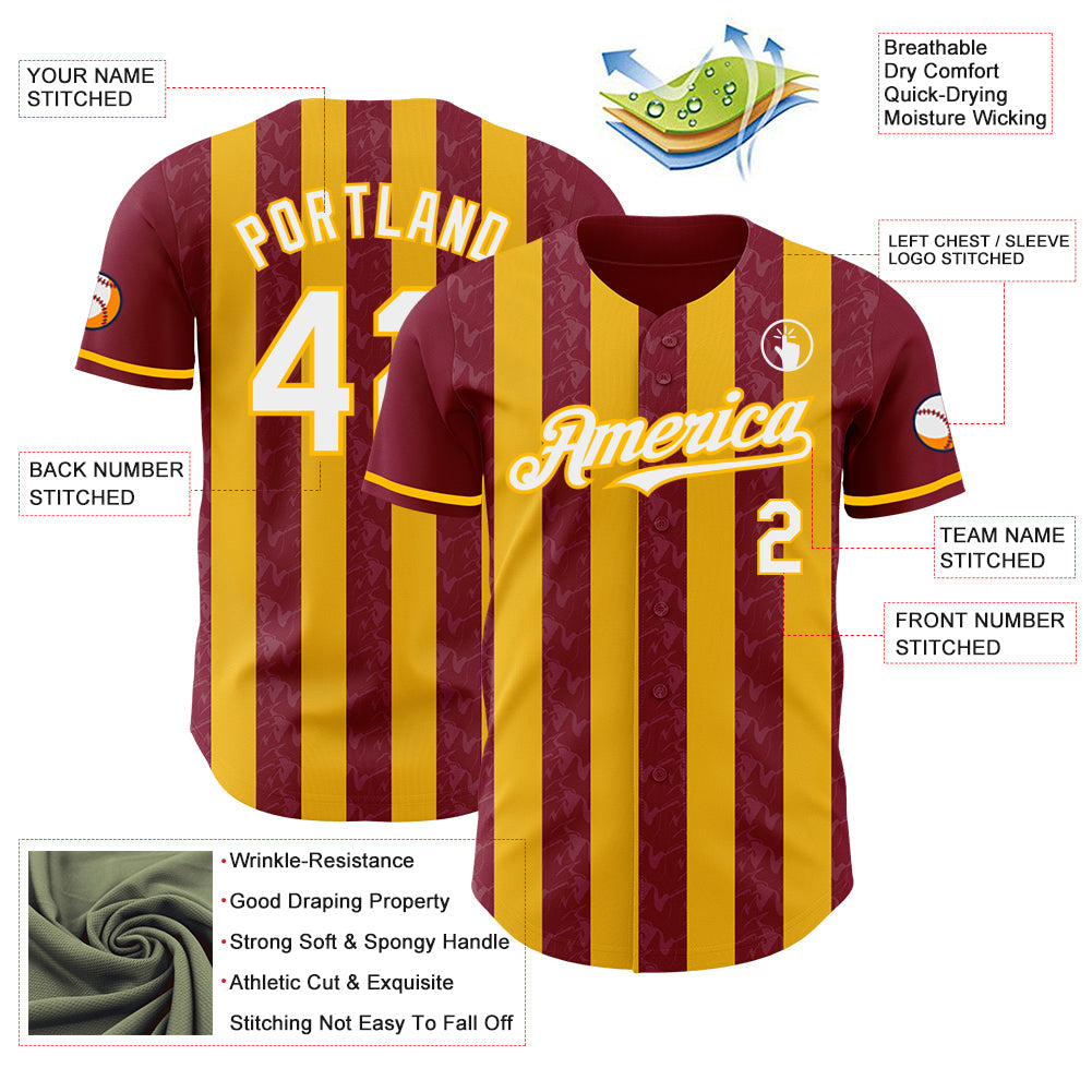 Custom Crimson White-Gold Classic Vertical Stripe Fluid Liquid Texture Authentic Baseball Jersey baseball jersey product view 3