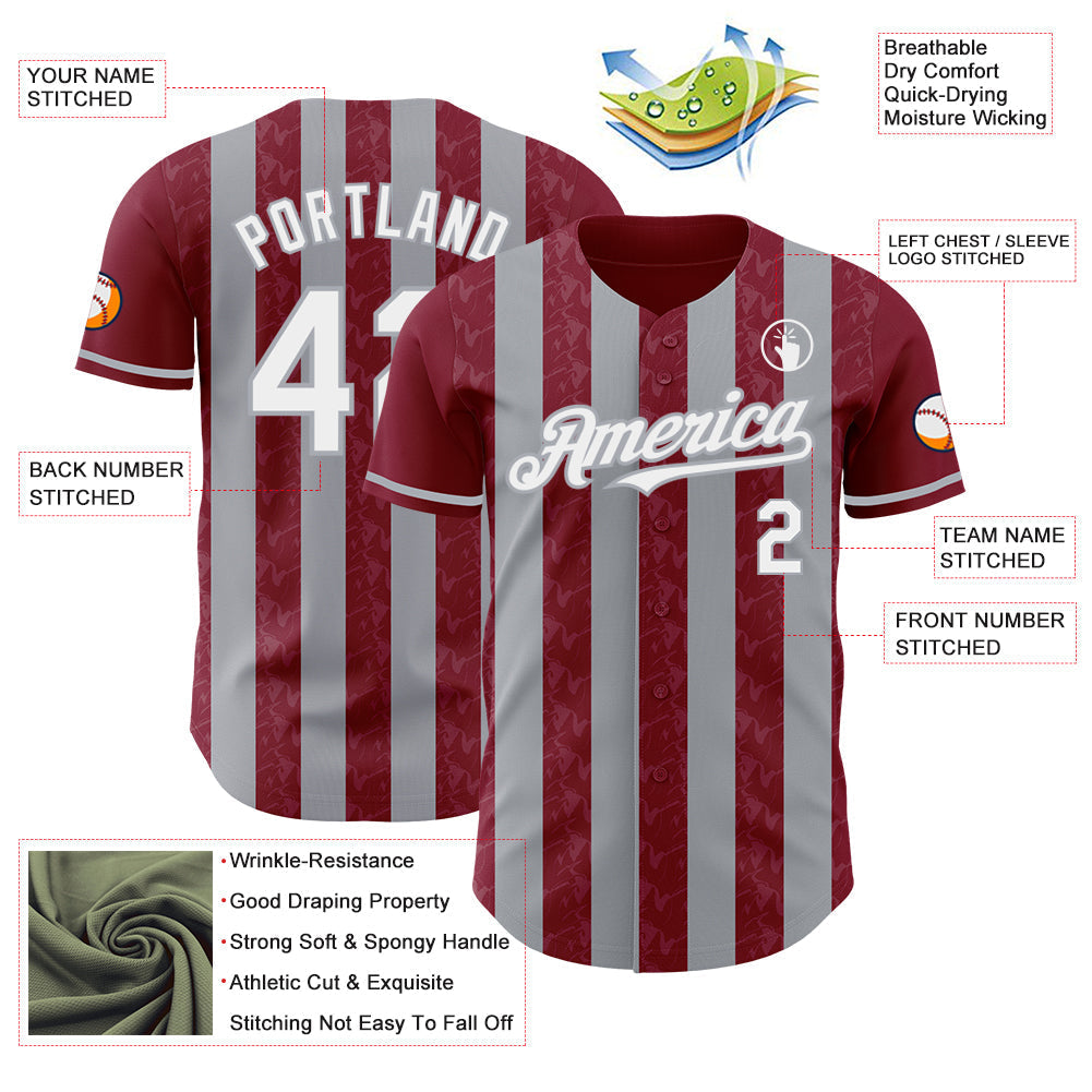 Custom Crimson White-Gray Classic Vertical Stripe Fluid Liquid Texture Authentic Baseball Jersey baseball jersey product view 3
