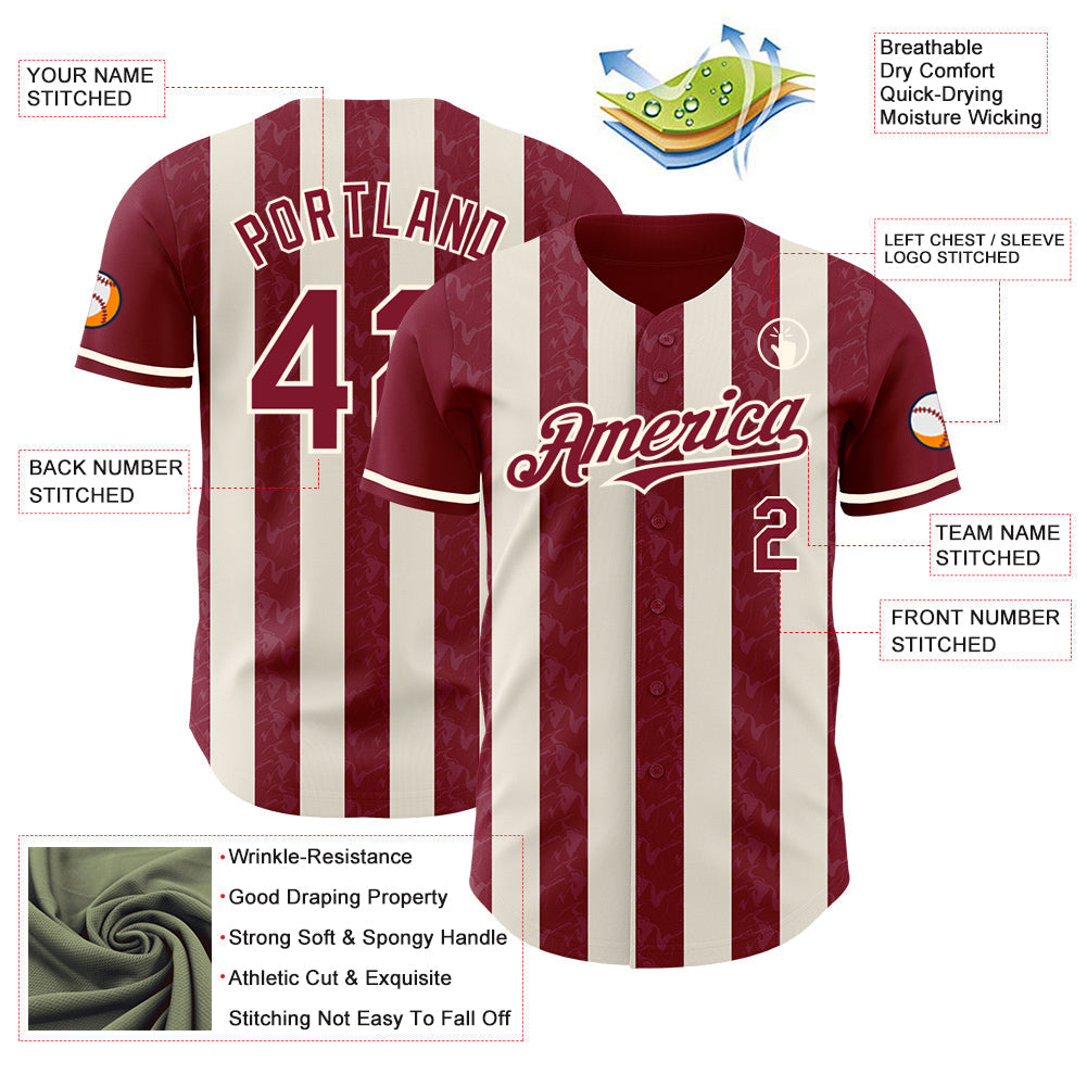 Custom Crimson Cream-Cream Classic Vertical Stripe Fluid Liquid Texture Authentic Baseball Jersey baseball jersey product view 3