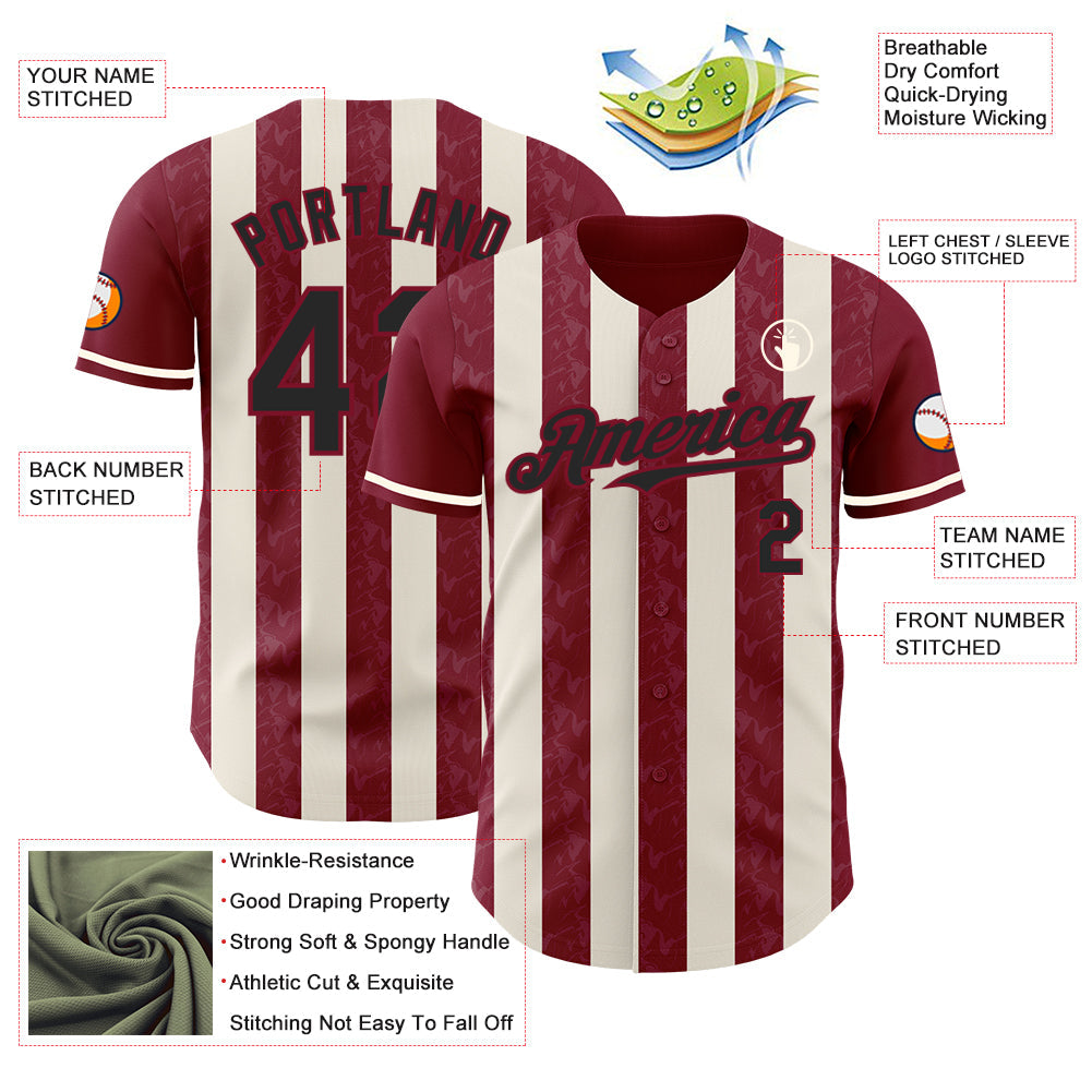 Custom Crimson Black-Cream Classic Vertical Stripe Fluid Liquid Texture Authentic Baseball Jersey baseball jersey product view 3