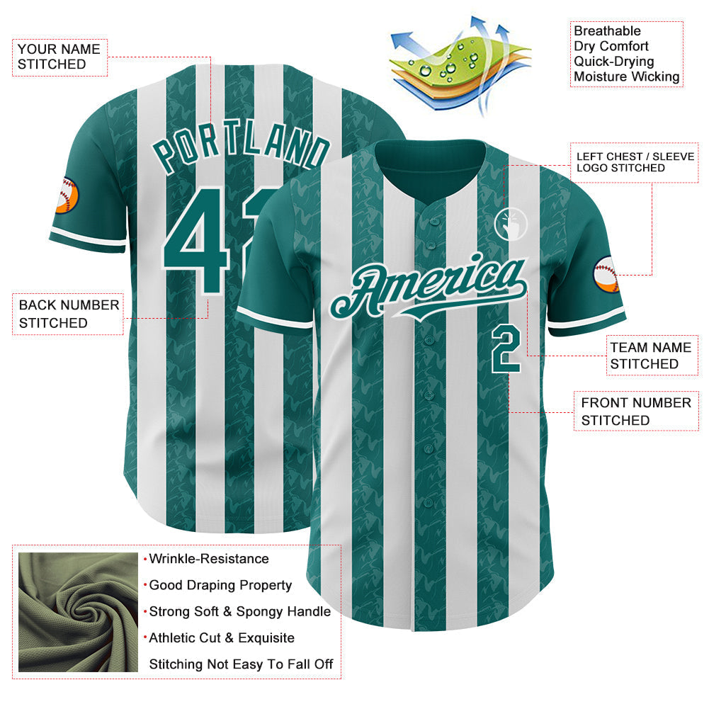 Custom Teal-White Classic Vertical Stripe Fluid Liquid Texture Authentic Baseball Jersey baseball jersey product view 3