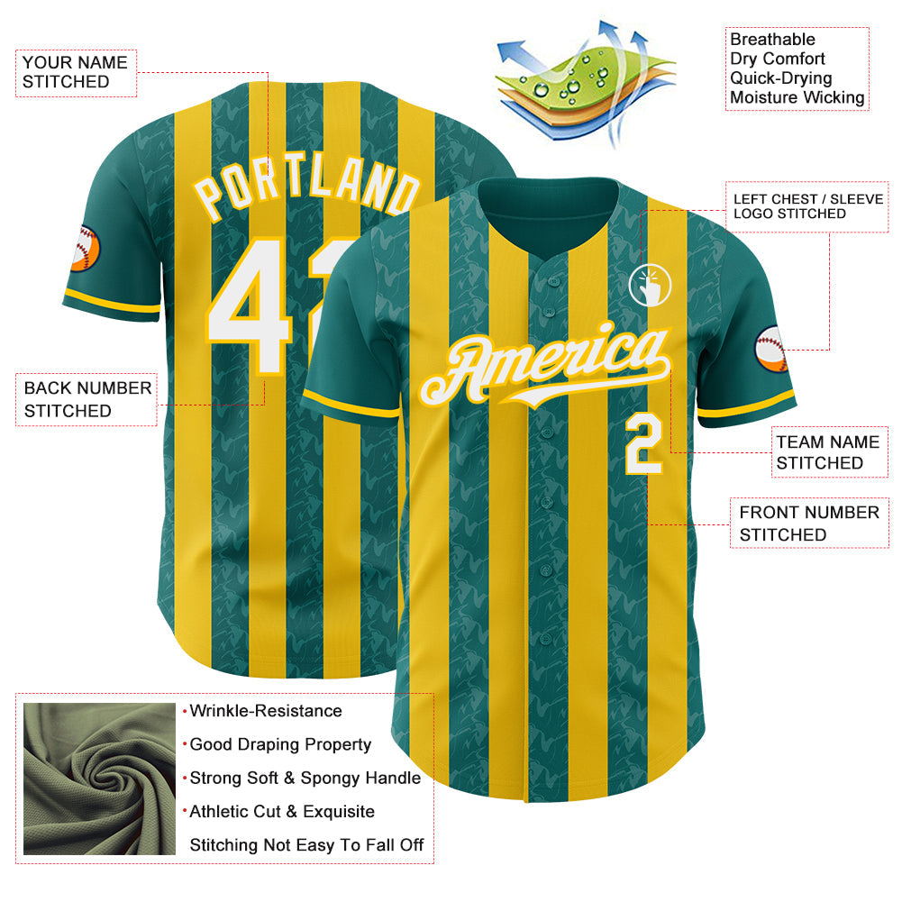 Custom Teal White-Yellow Classic Vertical Stripe Fluid Liquid Texture Authentic Baseball Jersey baseball jersey product view 3