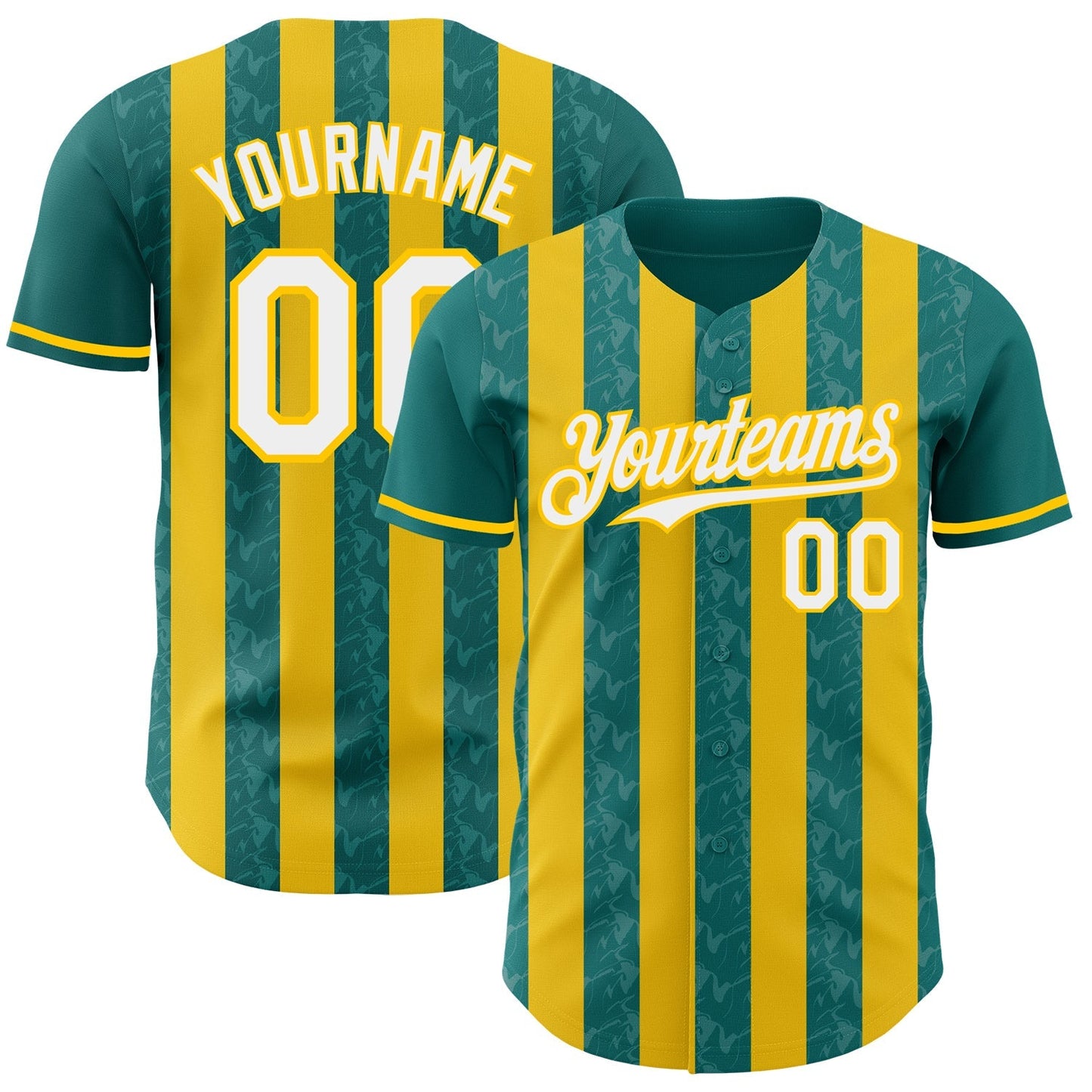 Custom Teal White-Yellow Classic Vertical Stripe Fluid Liquid Texture Authentic Baseball Jersey baseball jersey product view 1