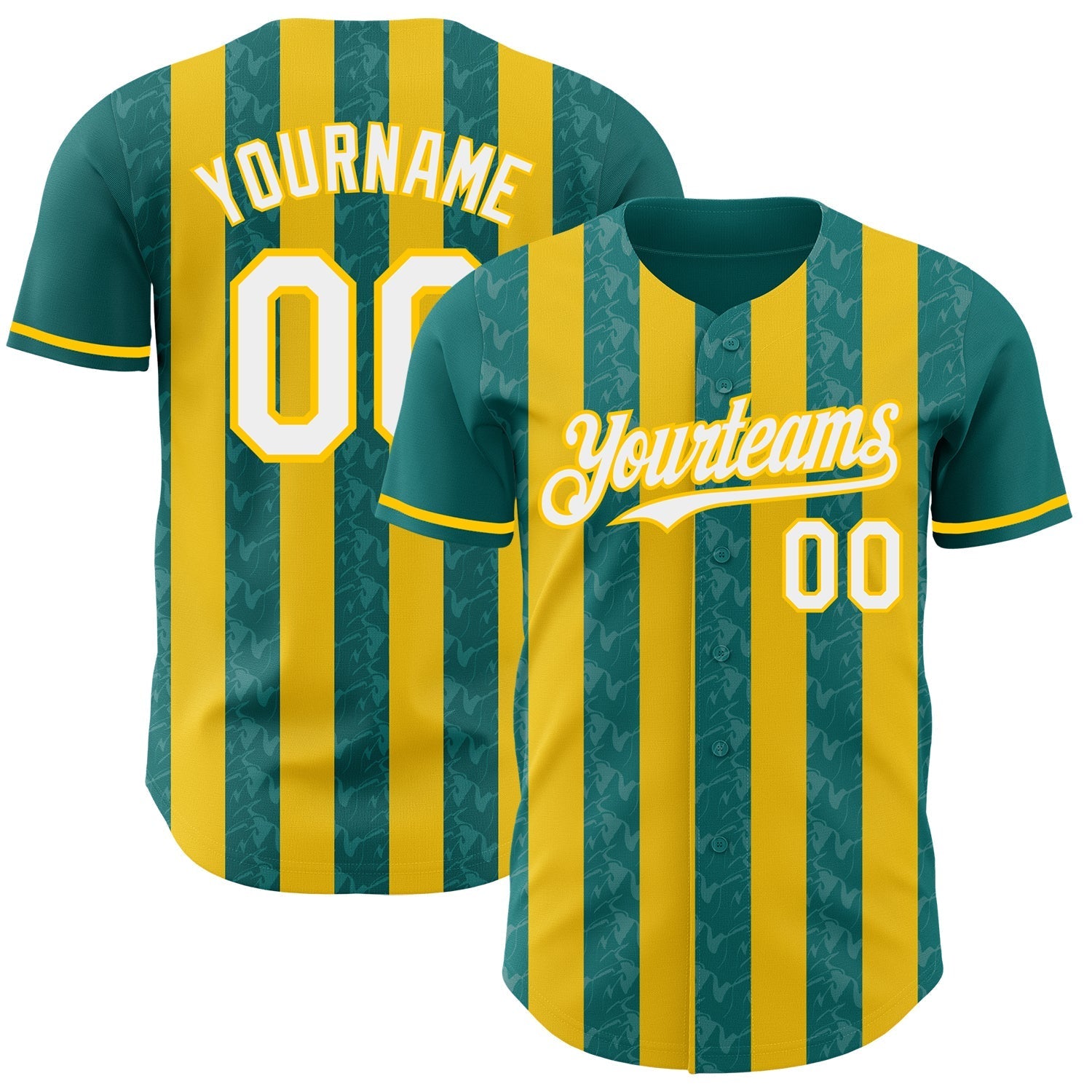 Custom Teal White-Yellow Classic Vertical Stripe Fluid Liquid Texture Authentic Baseball Jersey baseball jersey product view 1