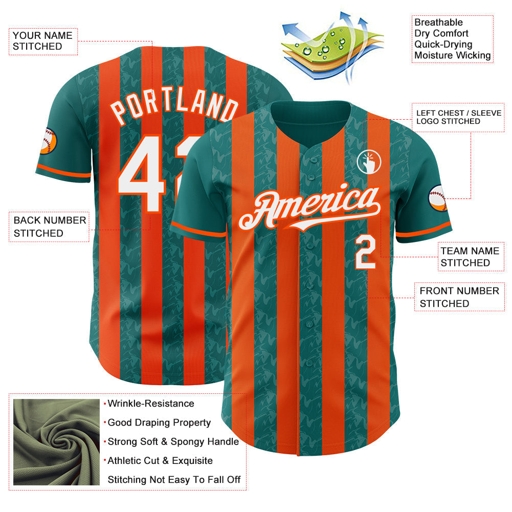 Custom Teal White-Orange Classic Vertical Stripe Fluid Liquid Texture Authentic Baseball Jersey baseball jersey product view 3