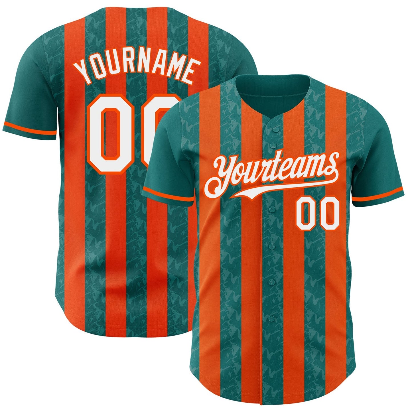 Custom Teal White-Orange Classic Vertical Stripe Fluid Liquid Texture Authentic Baseball Jersey baseball jersey product view 1