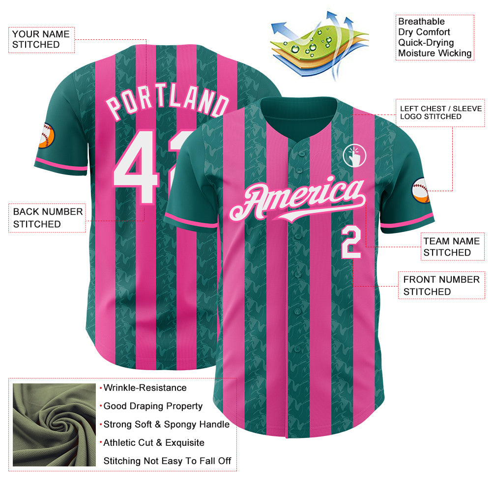 Custom Teal White-Pink Classic Vertical Stripe Fluid Liquid Texture Authentic Baseball Jersey baseball jersey product view 3