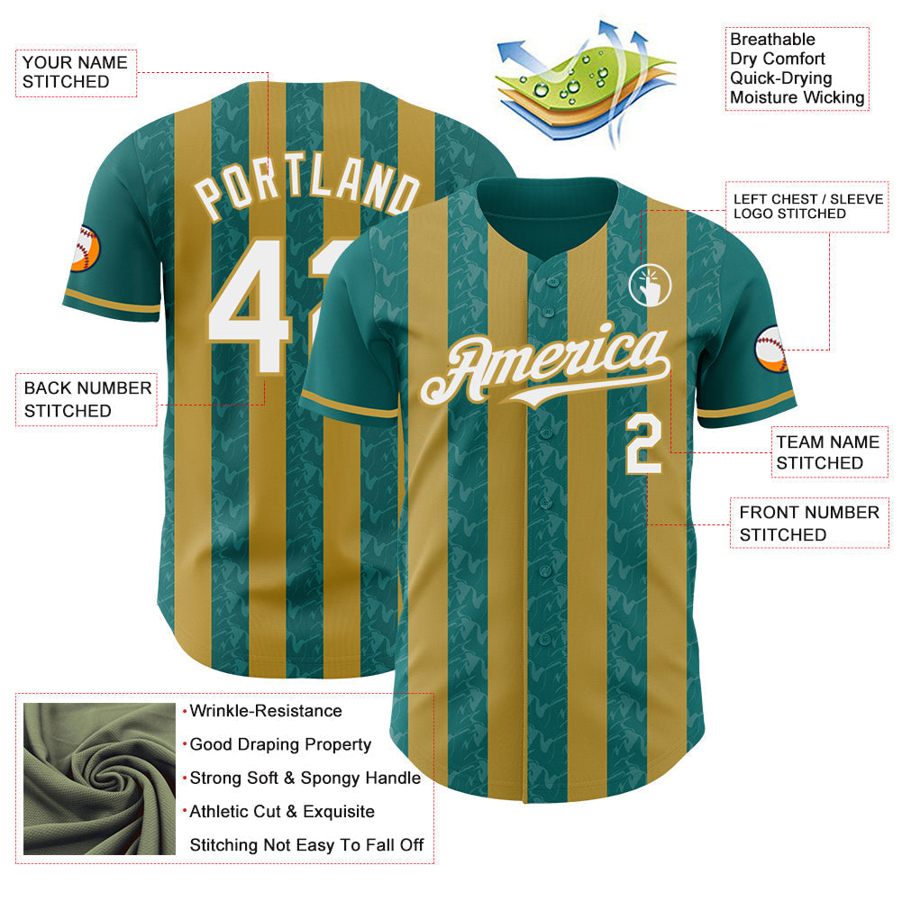 Custom Teal White-Old Gold Classic Vertical Stripe Fluid Liquid Texture Authentic Baseball Jersey baseball jersey product view 3