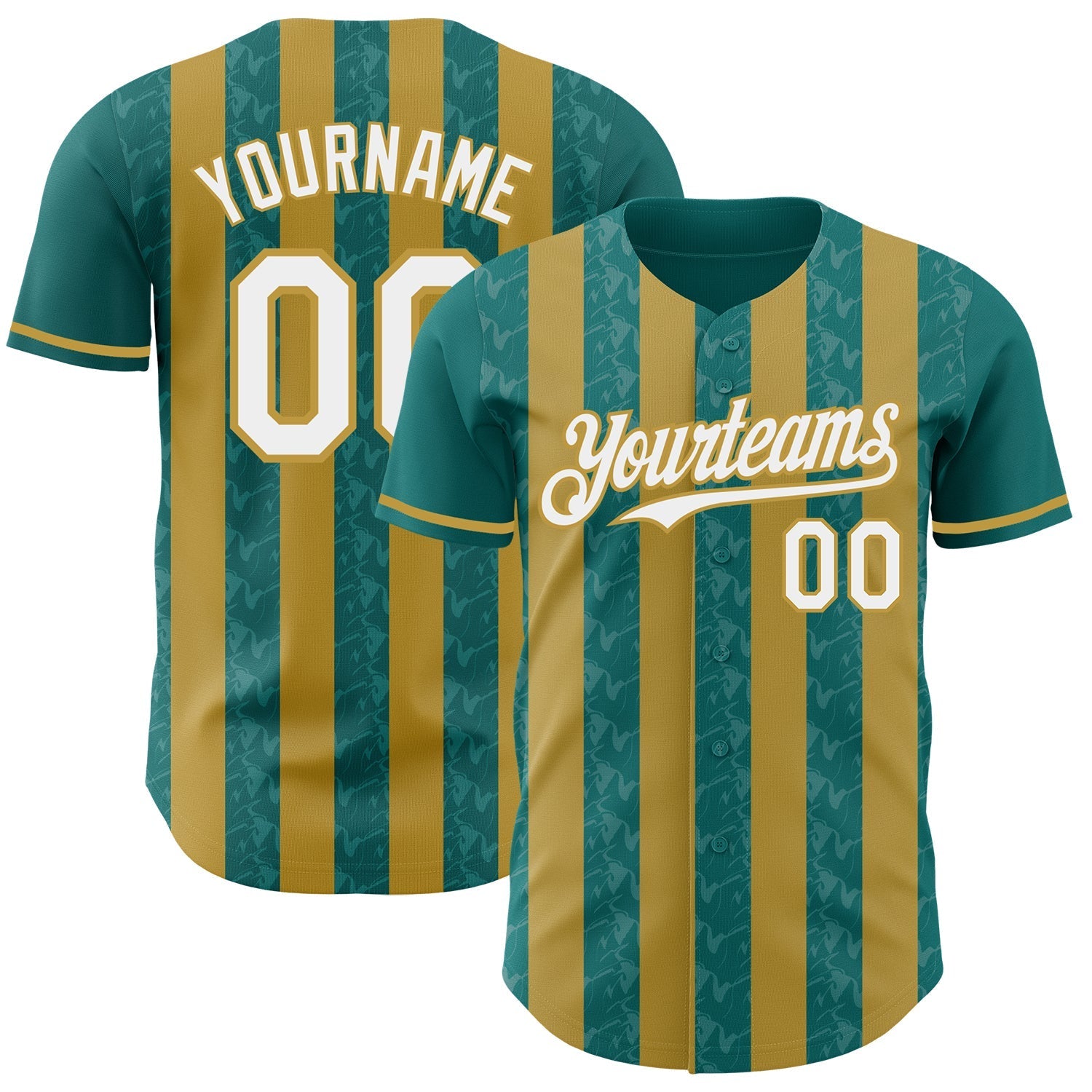 Custom Teal White-Old Gold Classic Vertical Stripe Fluid Liquid Texture Authentic Baseball Jersey baseball jersey product view 1