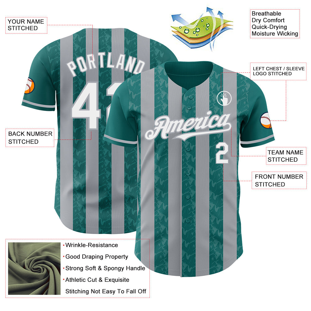 Custom Teal White-Gray Classic Vertical Stripe Fluid Liquid Texture Authentic Baseball Jersey baseball jersey product view 3