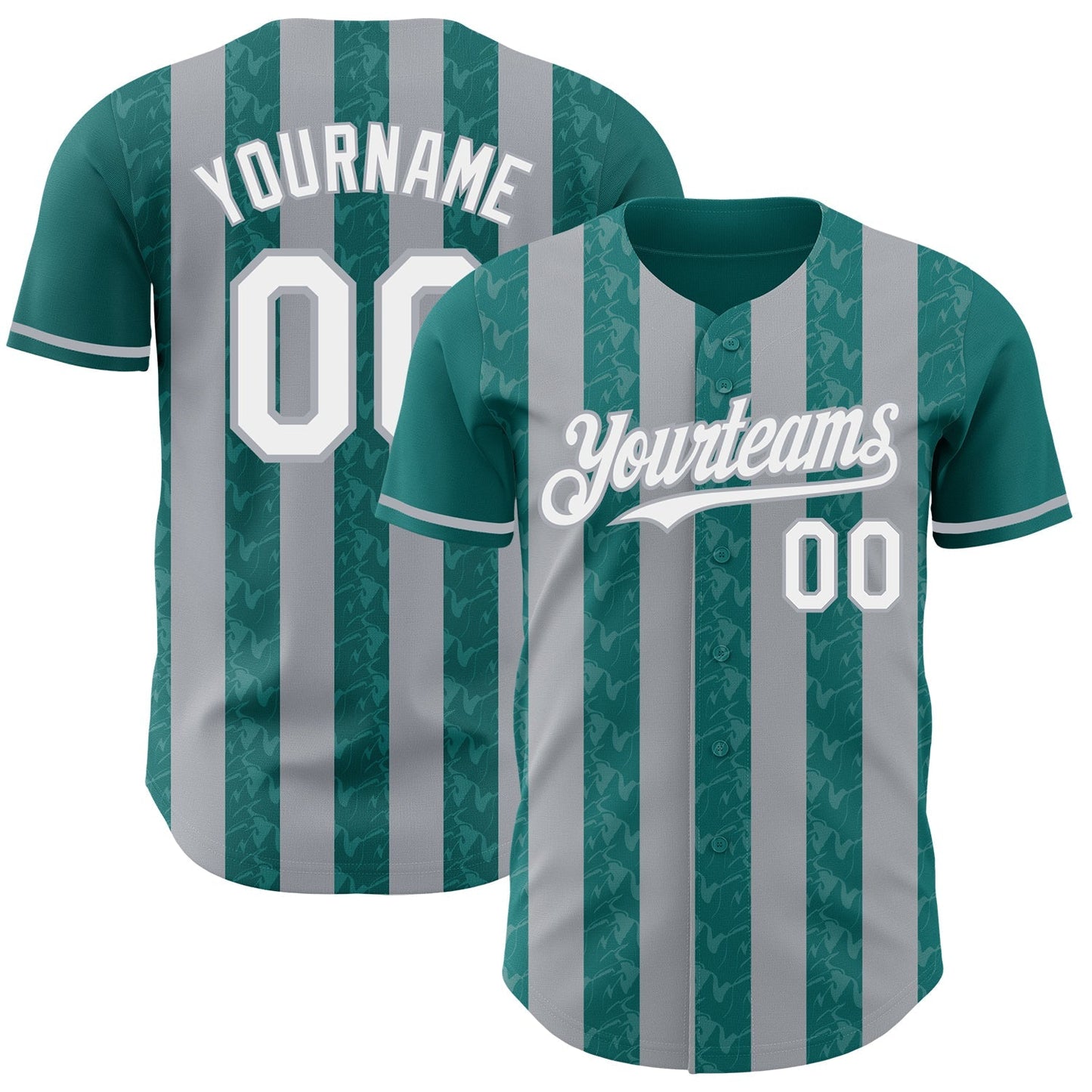 Custom Teal White-Gray Classic Vertical Stripe Fluid Liquid Texture Authentic Baseball Jersey baseball jersey product view 1