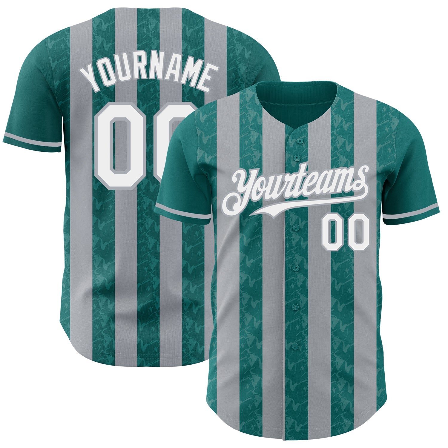 Custom Teal White-Gray Classic Vertical Stripe Fluid Liquid Texture Authentic Baseball Jersey baseball jersey product view 1