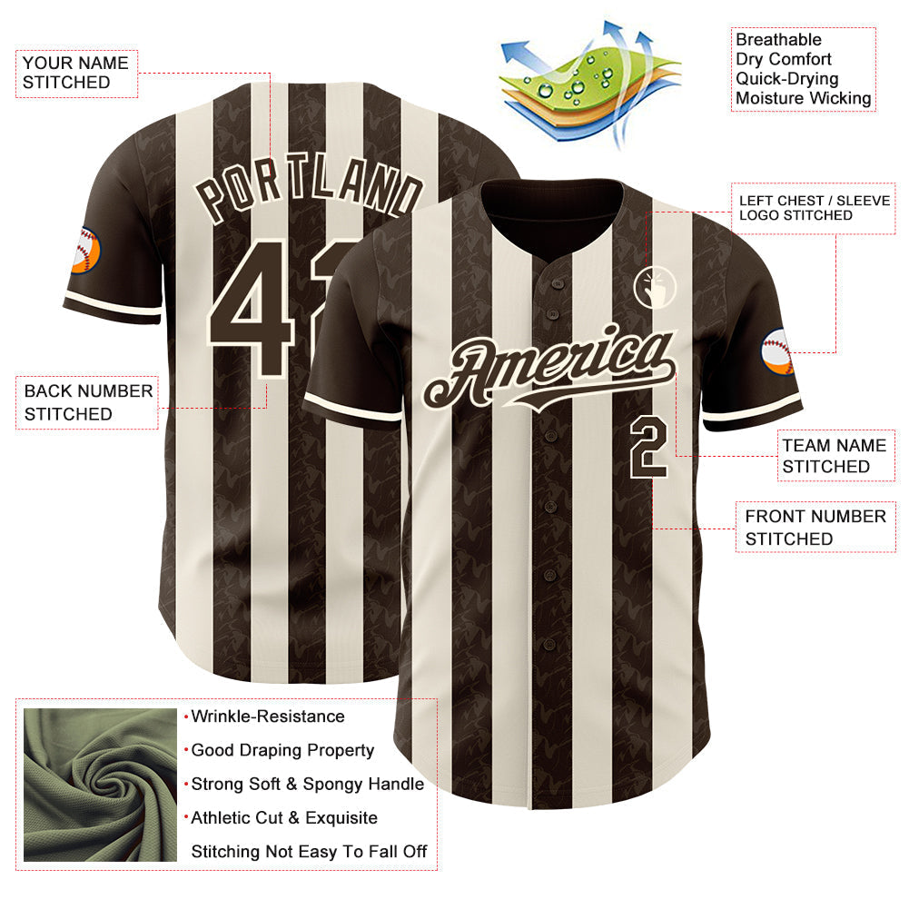 Custom Brown Cream-Cream Classic Vertical Stripe Fluid Liquid Texture Authentic Baseball Jersey baseball jersey product view 3