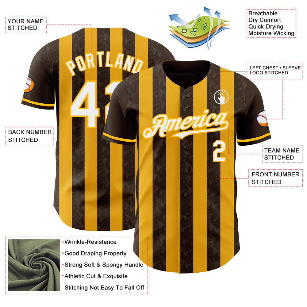 Custom Brown White-Gold Classic Vertical Stripe Fluid Liquid Texture Authentic Baseball Jersey baseball jersey product view 3