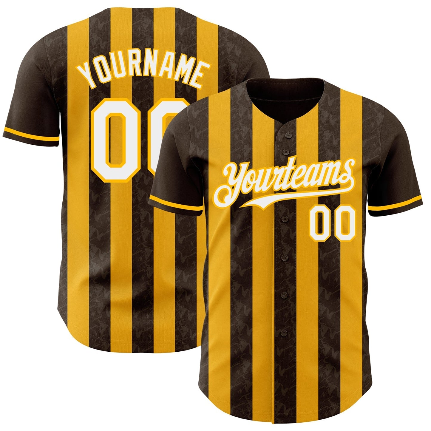 Custom Brown White-Gold Classic Vertical Stripe Fluid Liquid Texture Authentic Baseball Jersey baseball jersey product view 1