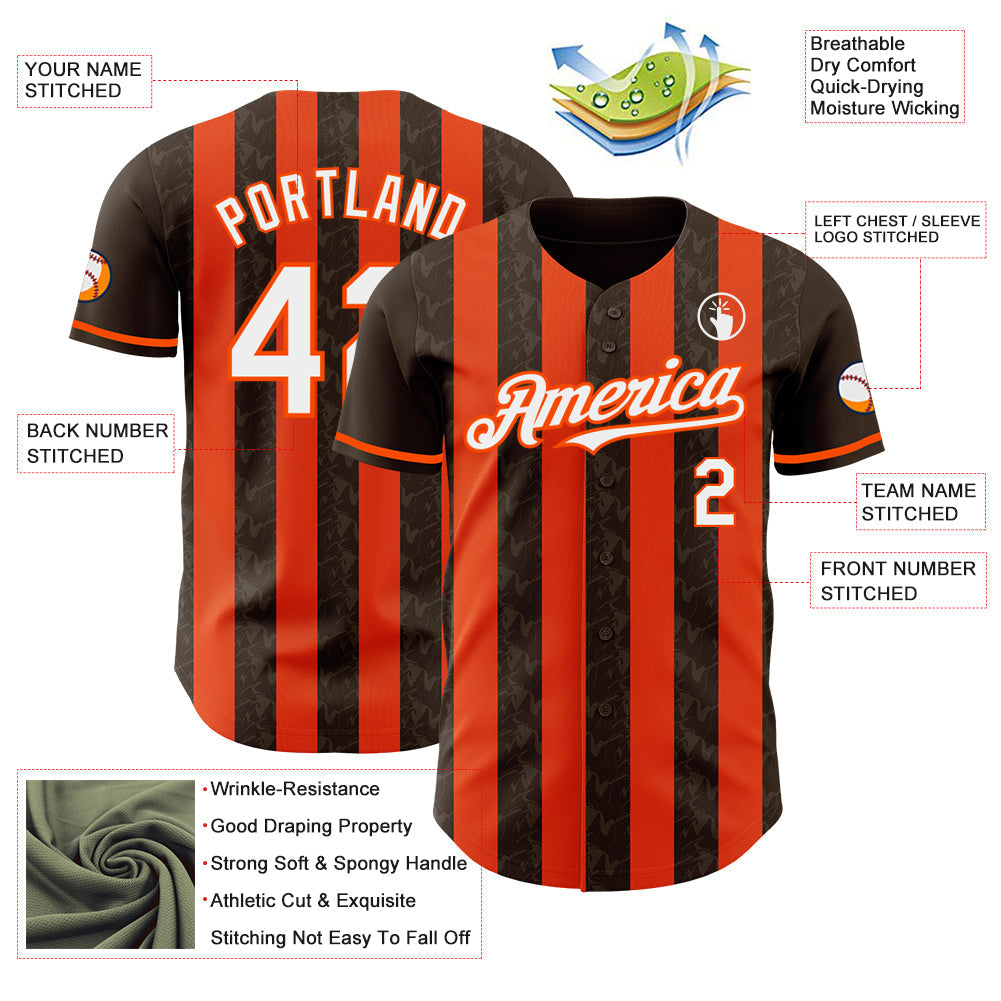 Custom Brown White-Orange Classic Vertical Stripe Fluid Liquid Texture Authentic Baseball Jersey baseball jersey product view 3