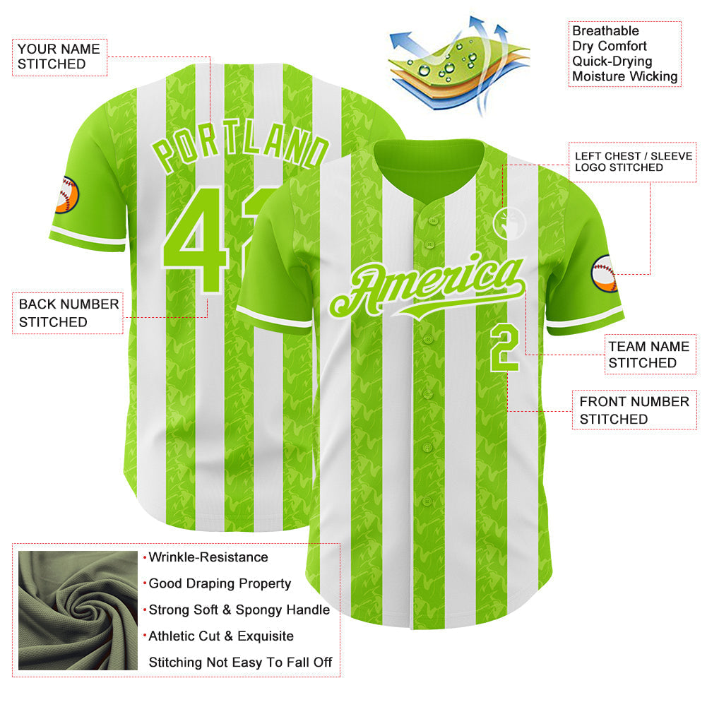 Custom Neon Green-White Classic Vertical Stripe Fluid Liquid Texture Authentic Baseball Jersey baseball jersey product view 3