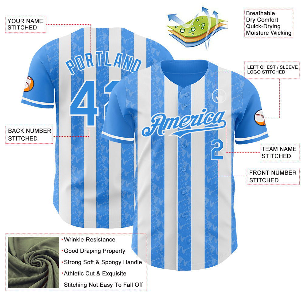 Custom Electric Blue-White Classic Vertical Stripe Fluid Liquid Texture Authentic Baseball Jersey baseball jersey product view 3