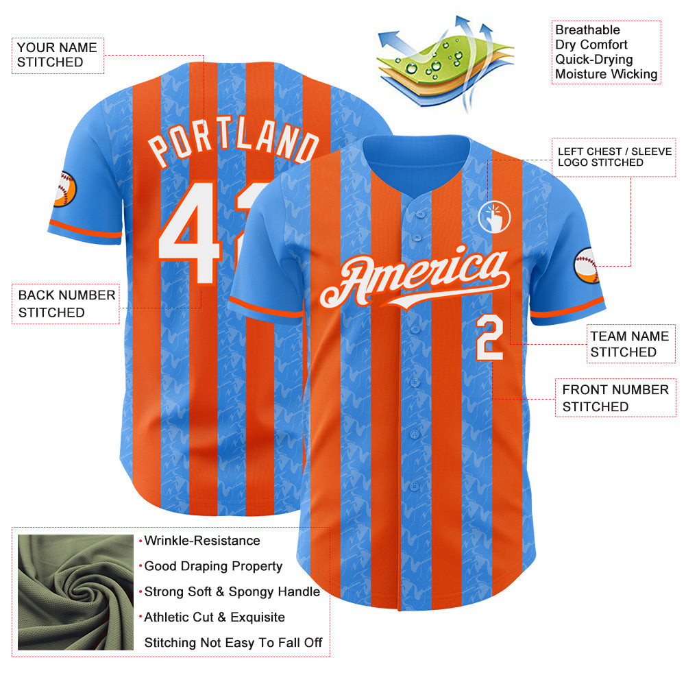 Custom Electric Blue White-Orange Classic Vertical Stripe Fluid Liquid Texture Authentic Baseball Jersey baseball jersey product view 3