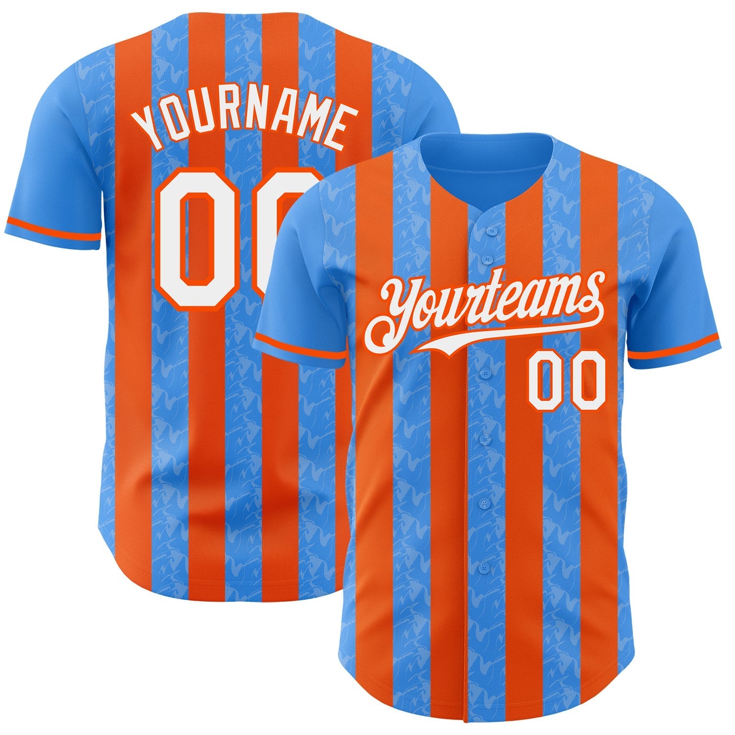 Custom Electric Blue White-Orange Classic Vertical Stripe Fluid Liquid Texture Authentic Baseball Jersey baseball jersey product view 1