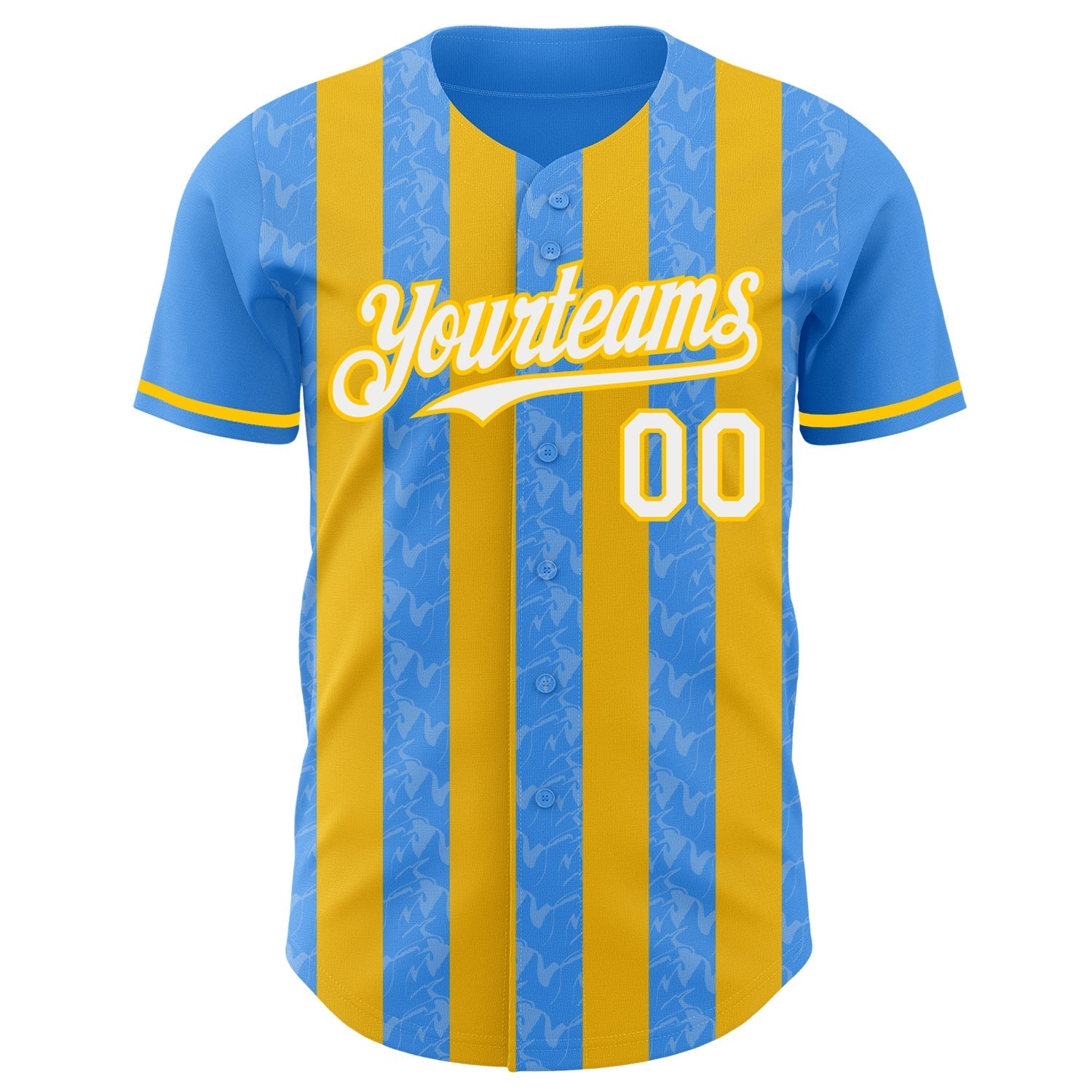 Custom Electric Blue White-Yellow Classic Vertical Stripe Fluid Liquid Texture Authentic Baseball Jersey baseball jersey product view 2