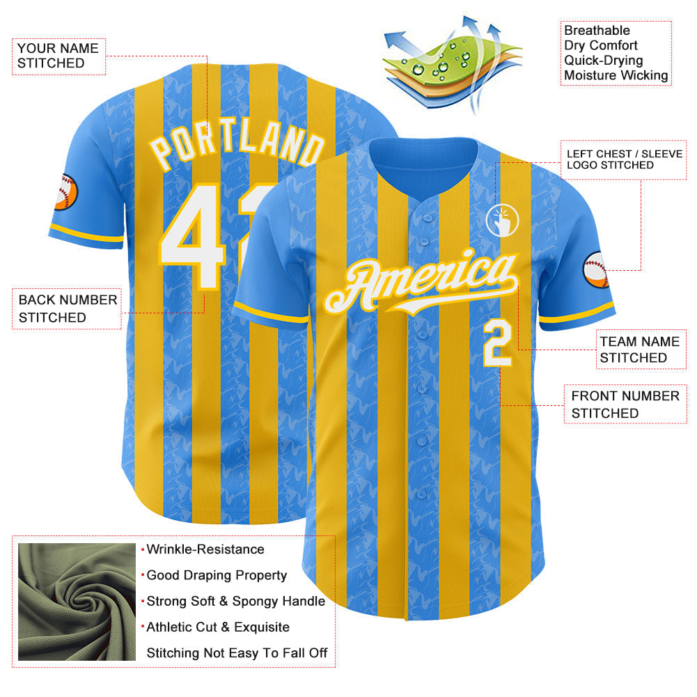 Custom Electric Blue White-Yellow Classic Vertical Stripe Fluid Liquid Texture Authentic Baseball Jersey baseball jersey product view 3