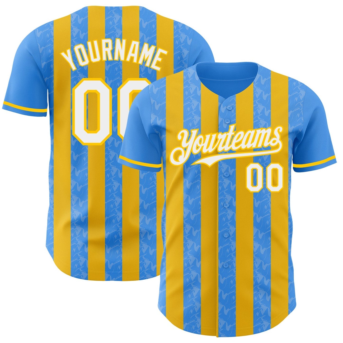 Custom Electric Blue White-Yellow Classic Vertical Stripe Fluid Liquid Texture Authentic Baseball Jersey baseball jersey product view 1