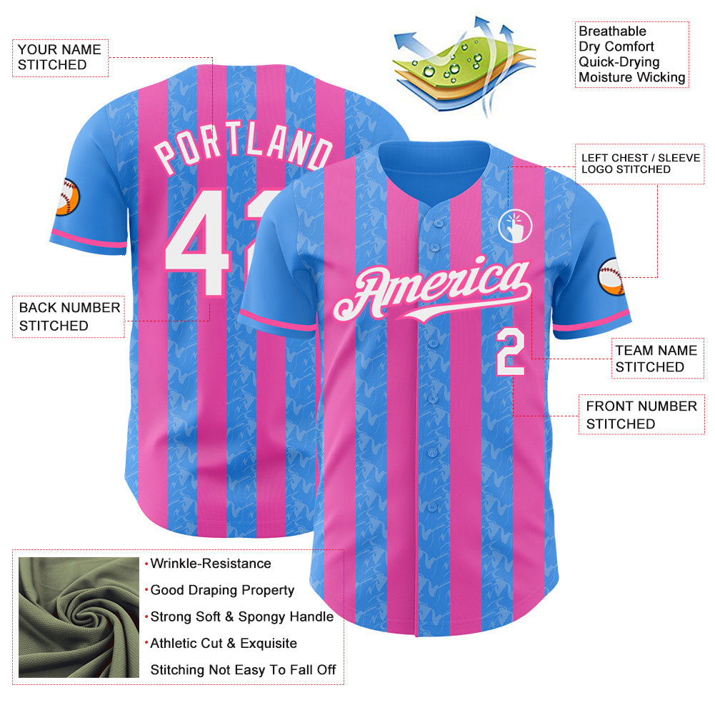 Custom Electric Blue White-Pink Classic Vertical Stripe Fluid Liquid Texture Authentic Baseball Jersey baseball jersey product view 3