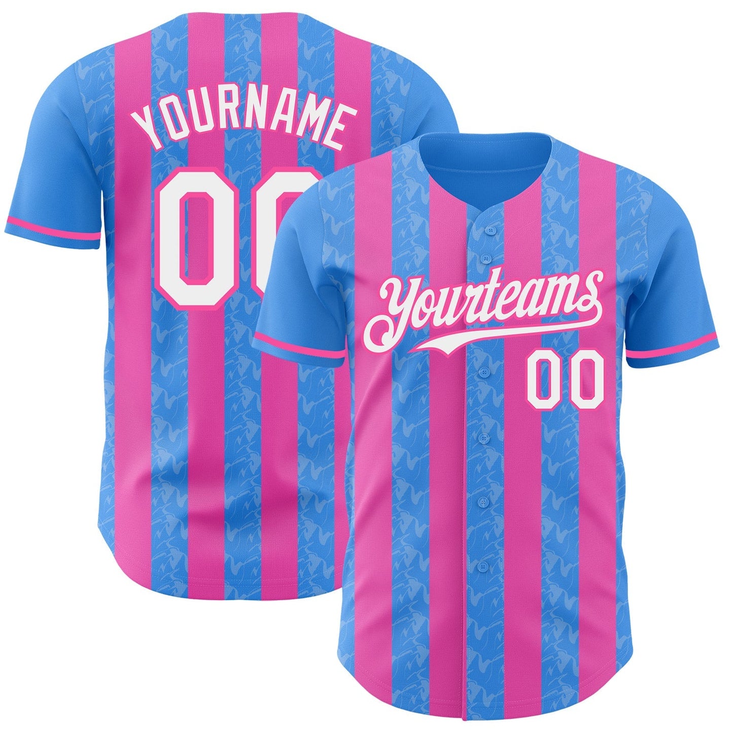 Custom Electric Blue White-Pink Classic Vertical Stripe Fluid Liquid Texture Authentic Baseball Jersey baseball jersey product view 1