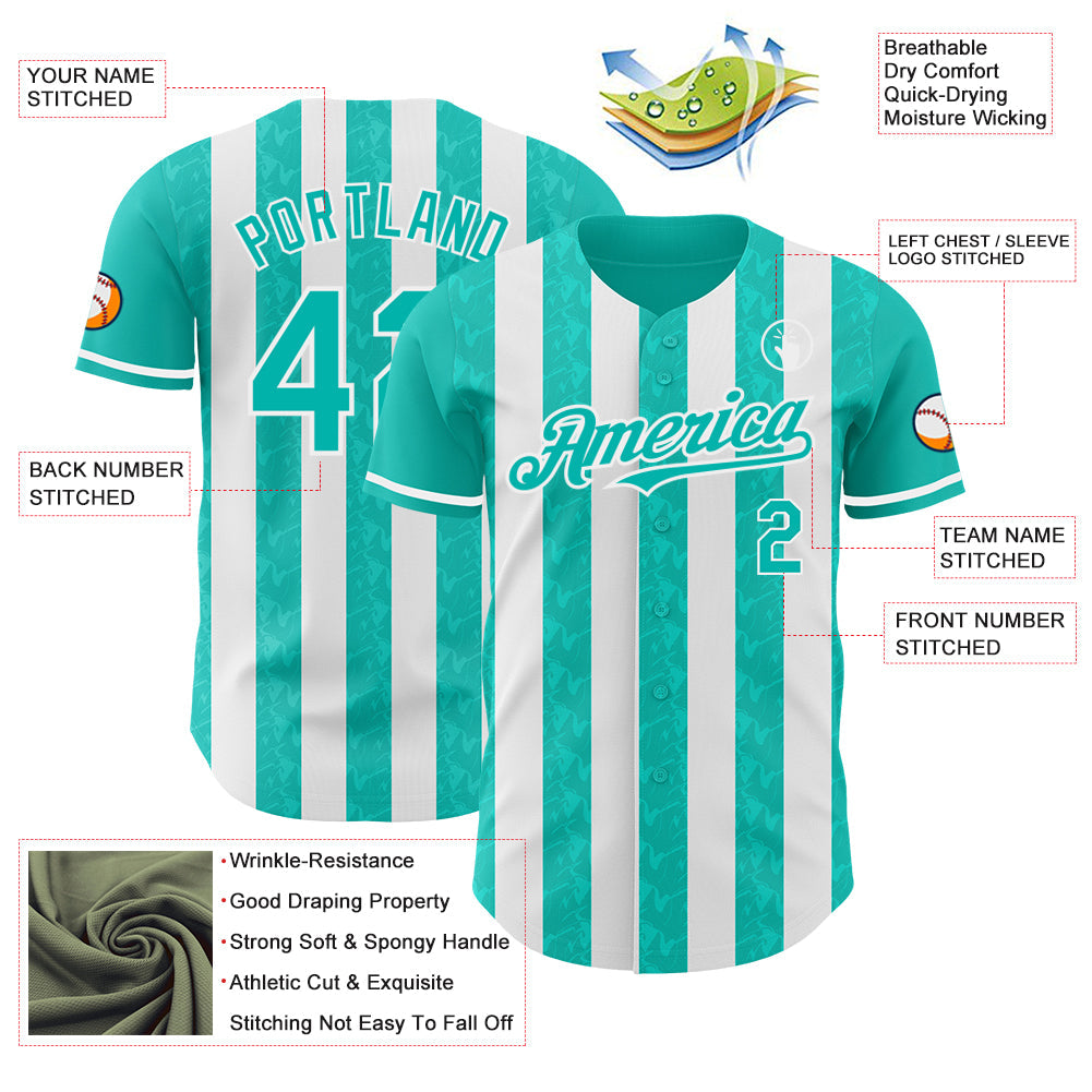 Custom Aqua-White Classic Vertical Stripe Fluid Liquid Texture Authentic Baseball Jersey baseball jersey product view 3