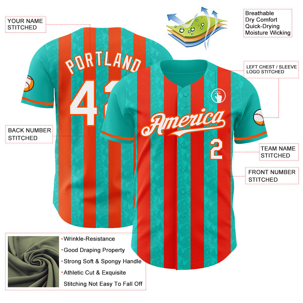 Custom Aqua White-Orange Classic Vertical Stripe Fluid Liquid Texture Authentic Baseball Jersey baseball jersey product view 3