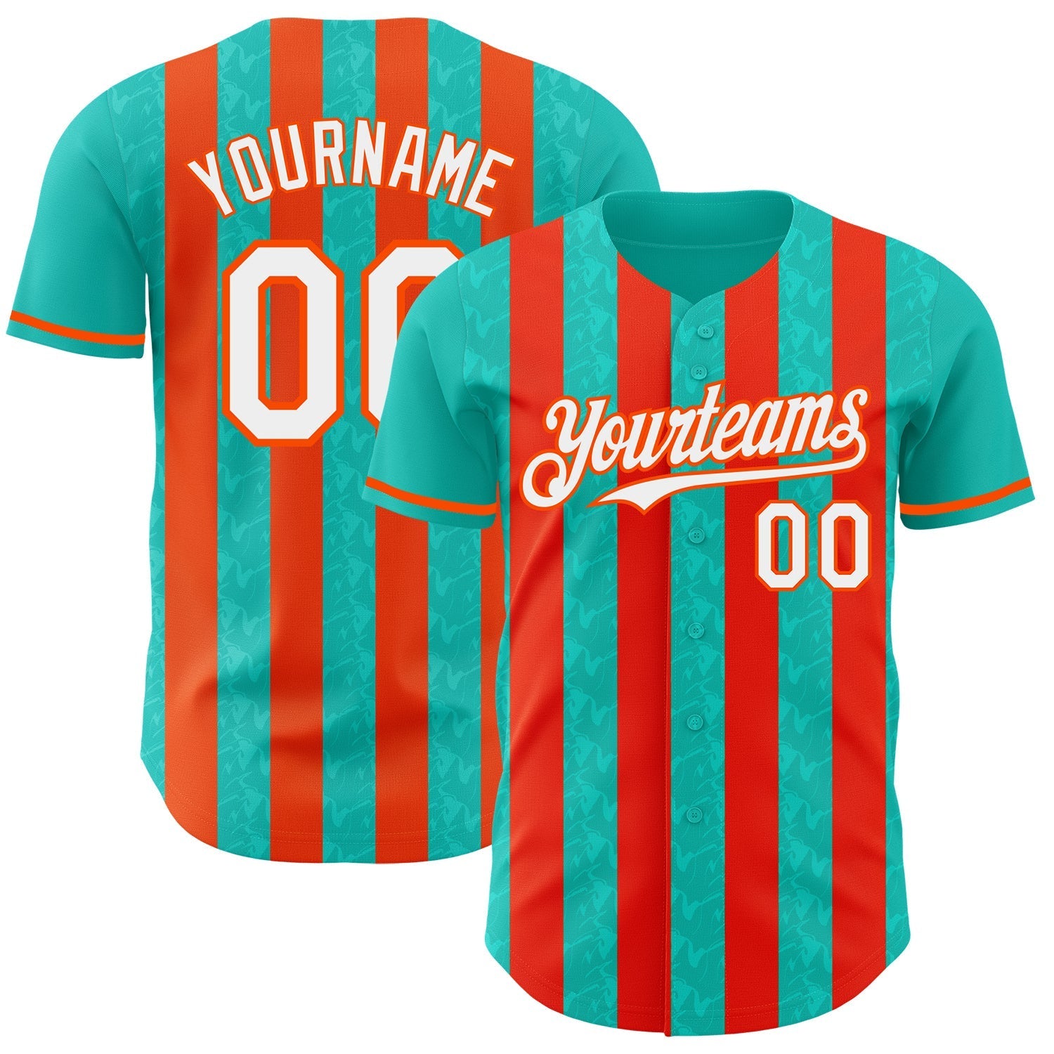Custom Aqua White-Orange Classic Vertical Stripe Fluid Liquid Texture Authentic Baseball Jersey baseball jersey product view 1