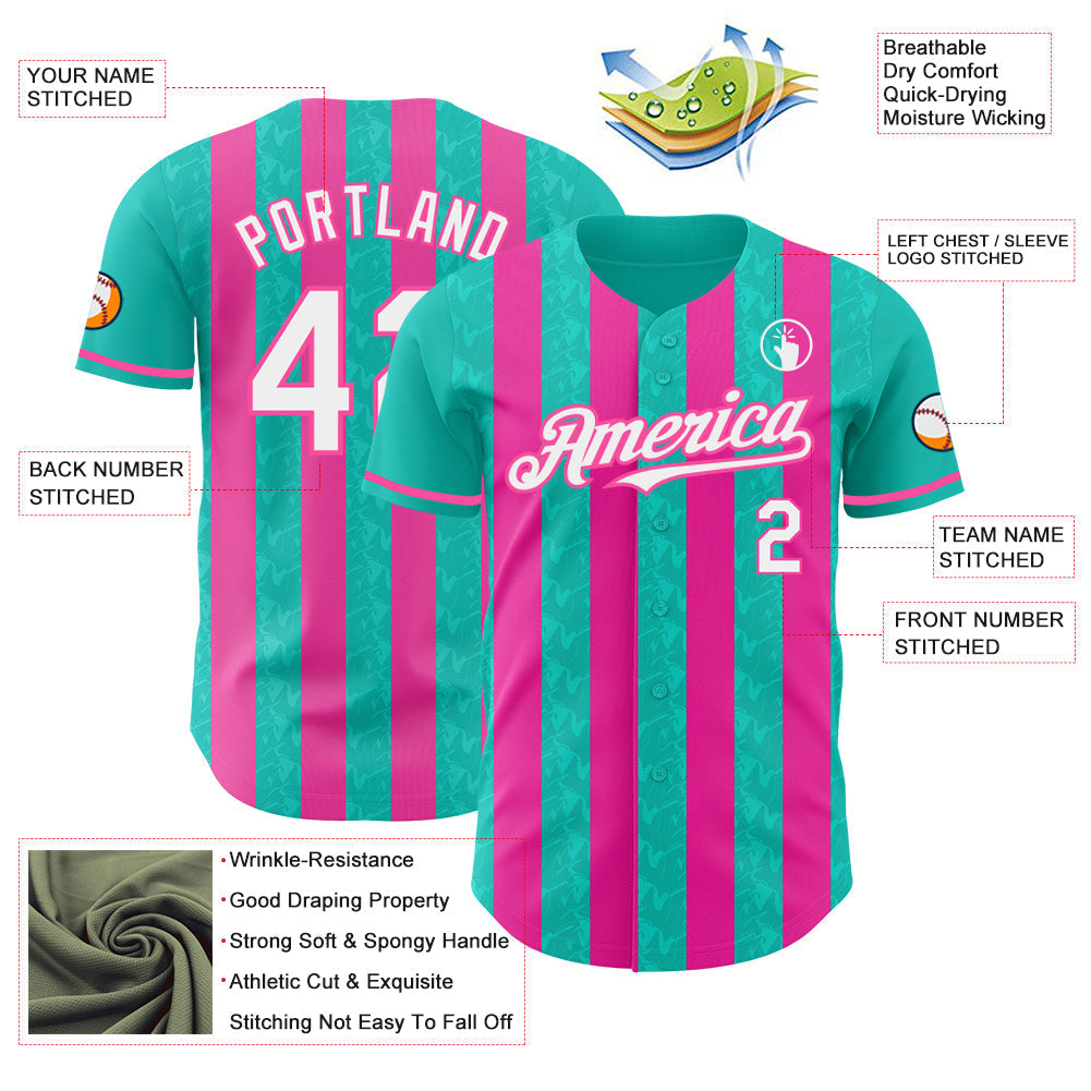 Custom Aqua White-Pink Classic Vertical Stripe Fluid Liquid Texture Authentic Baseball Jersey baseball jersey product view 3
