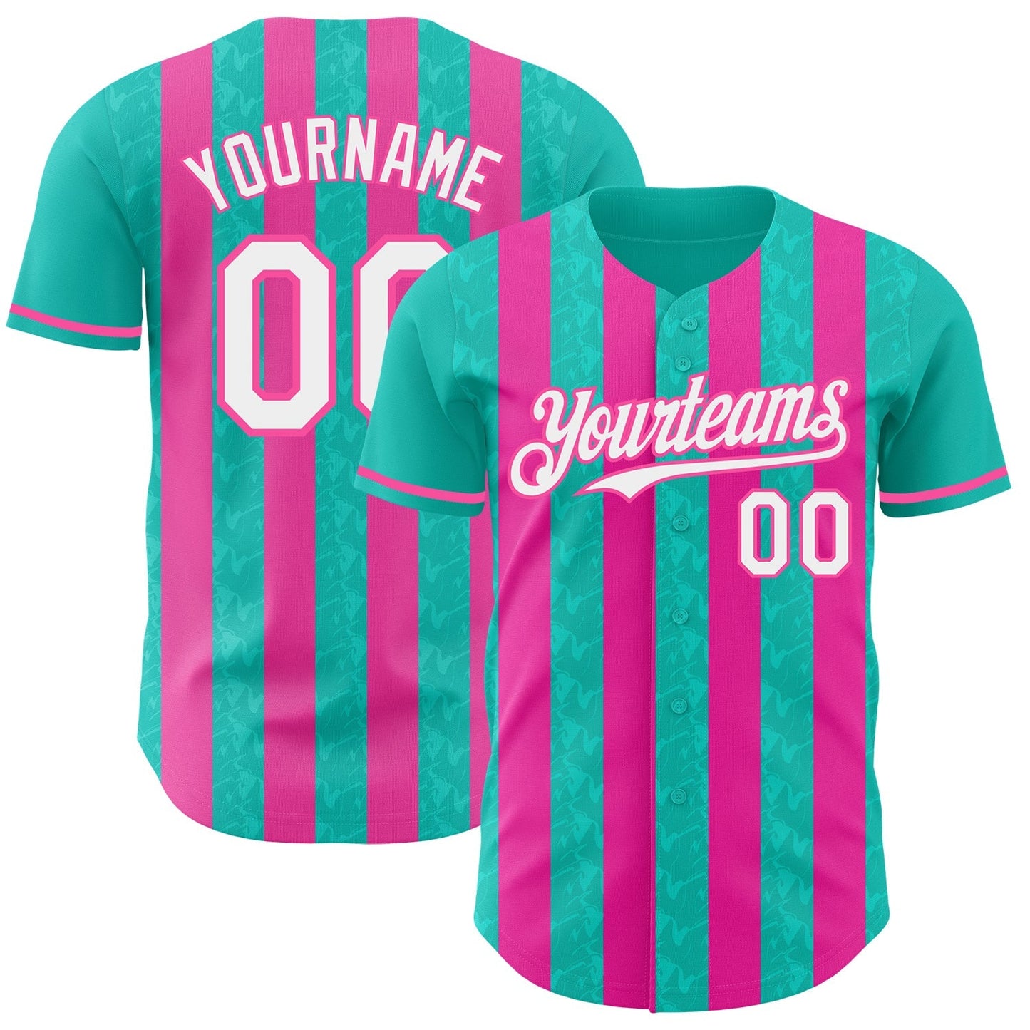 Custom Aqua White-Pink Classic Vertical Stripe Fluid Liquid Texture Authentic Baseball Jersey baseball jersey product view 1