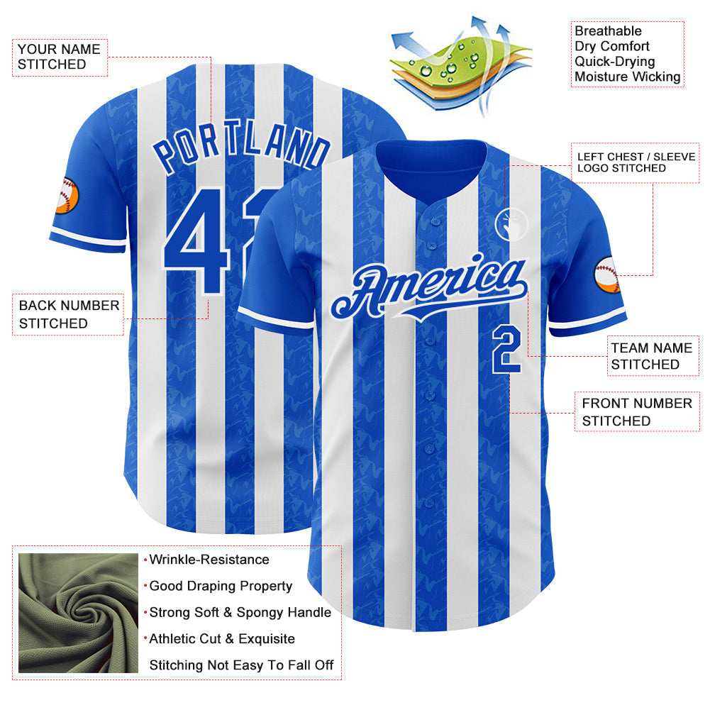 Custom Thunder Blue-White Classic Vertical Stripe Fluid Liquid Texture Authentic Baseball Jersey baseball jersey product view 3