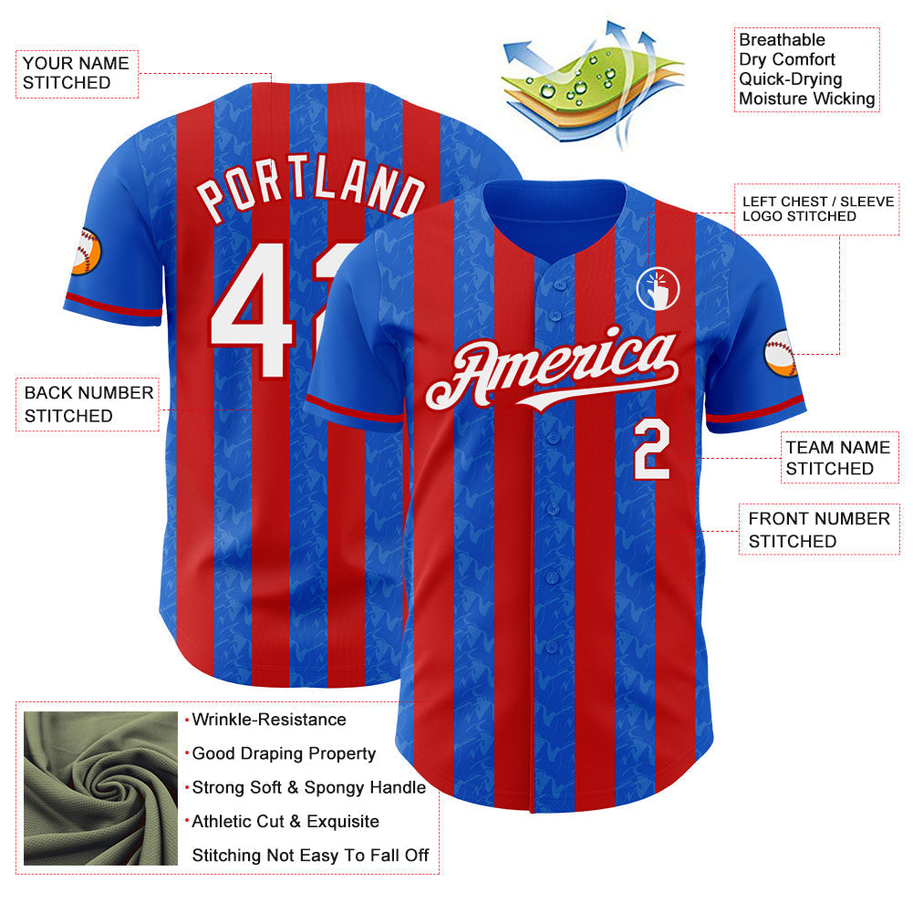 Custom Thunder Blue White-Red Classic Vertical Stripe Fluid Liquid Texture Authentic Baseball Jersey baseball jersey product view 3