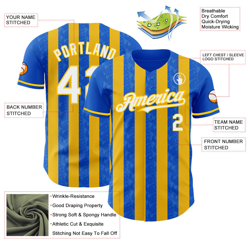Custom Thunder Blue White-Yellow Classic Vertical Stripe Fluid Liquid Texture Authentic Baseball Jersey baseball jersey product view 3