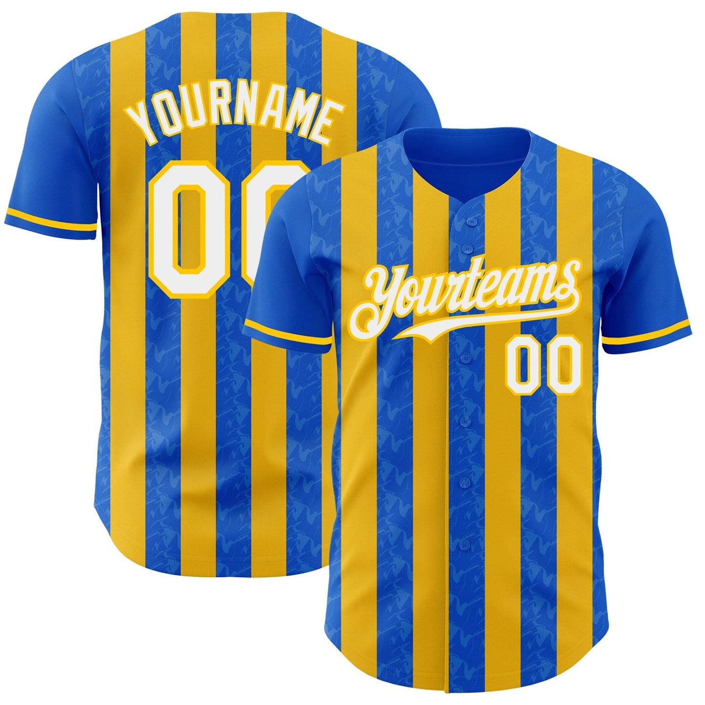 Custom Thunder Blue White-Yellow Classic Vertical Stripe Fluid Liquid Texture Authentic Baseball Jersey baseball jersey product view 1